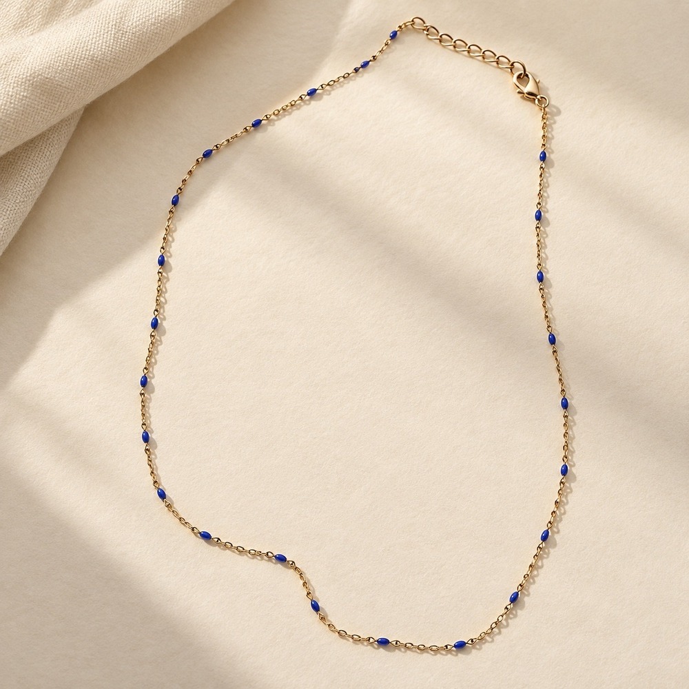 Gold Tone Blue Enamel Bead Station Chain Necklace Minimalist Layering Jewelry